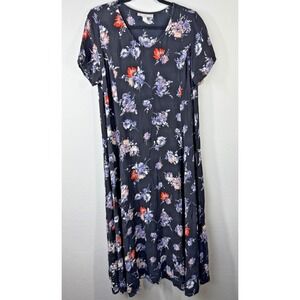 Woman Within Dress Womens Medium 14/16 Black Floral A-Line Rayon Short Sleeve